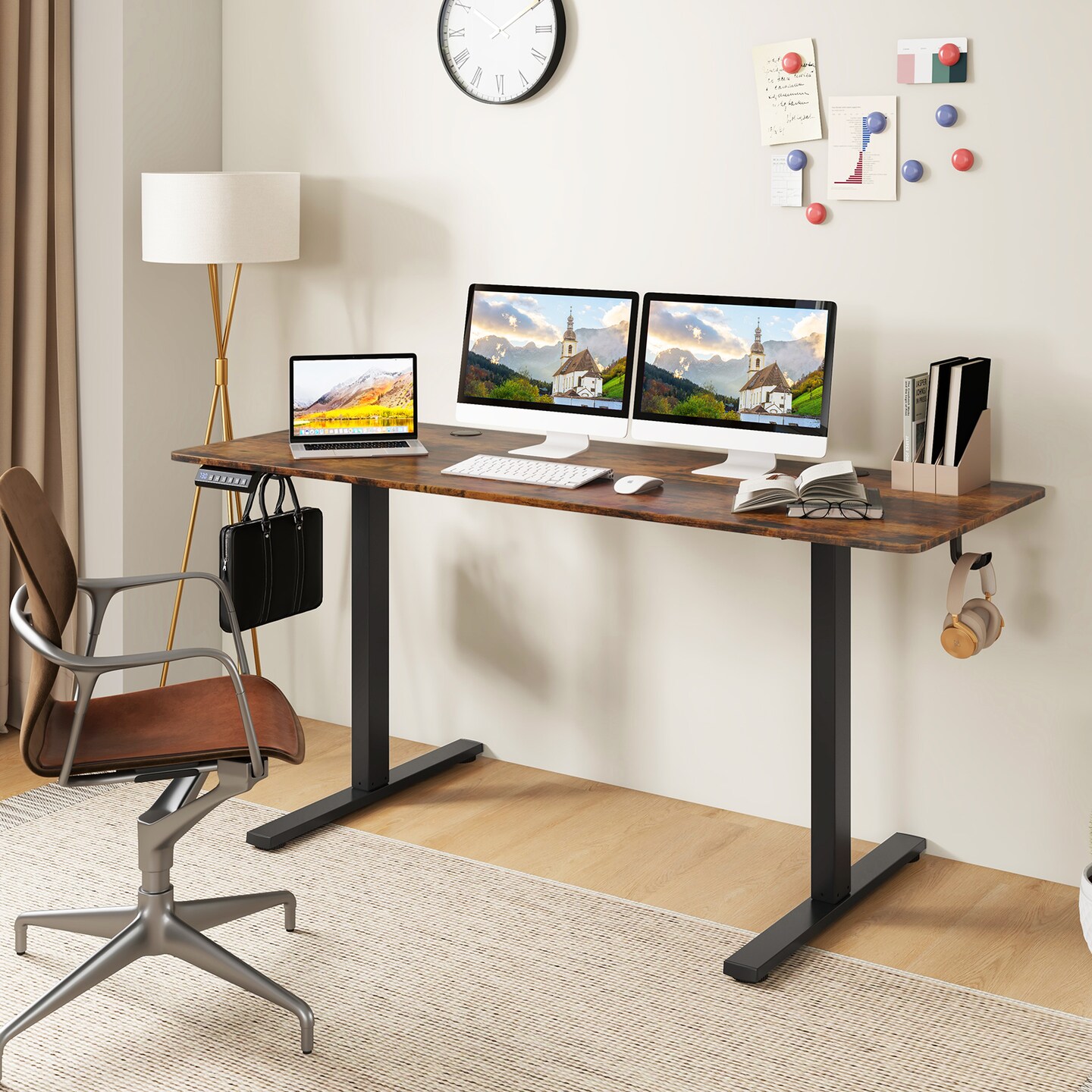 63 Inch Rustic Brown Electric Adjustable Sit Standing Desk with Hooks and Black Frame