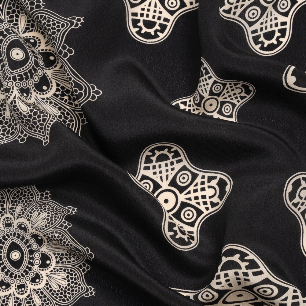 1 Yard Black & Cream Eye Medallions Silk Crepe de Chine Fabric for Blouses & Evening Dresses 54 Inches Wide