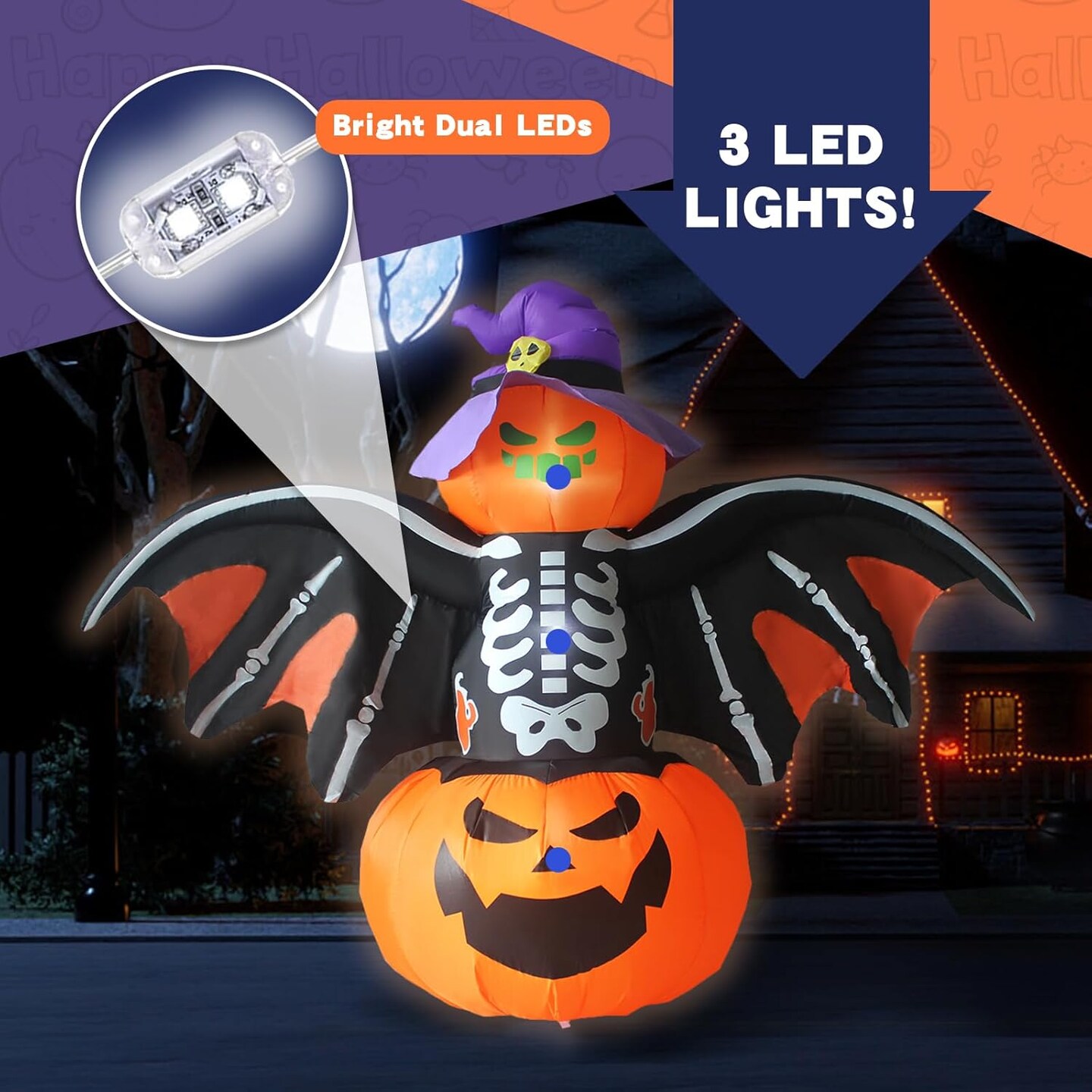 8FT Width Halloween Inflatable Bat Outdoor Decorations with LED Lights (black,yellow,purple)