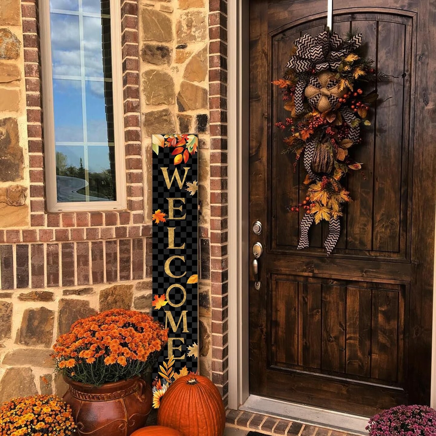 Fall Wooden Porch Sign 47&#x22; Autumn Pumpkin Maple Leaf(Black)