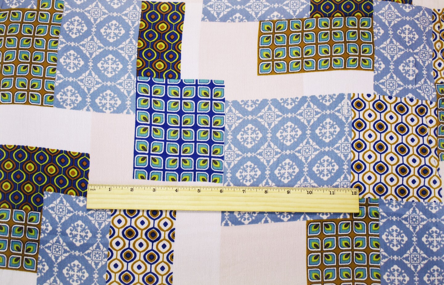 Blue-Green-Multi Cotton Patch Moroccan Pattern Printed Gauze Woven Fabric By the Yard