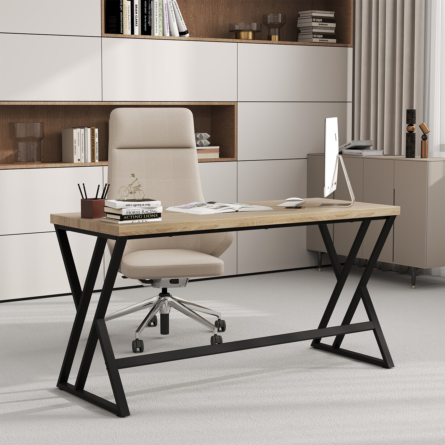 Large Computer Desk 59 Inch Metal Frame Office Desk with Footrest Crossbar