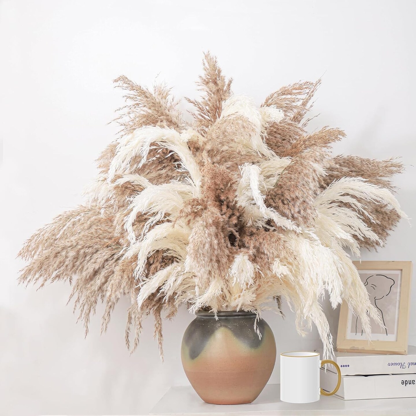 28" inch 20 Stems Large Pampas Grass Decor - Fluffy Brown & White Pampas Grass Decor Tall Pompas Grass for Floor Vase - Boho Home Decor Wedding Decor Natural Flower Bouquet