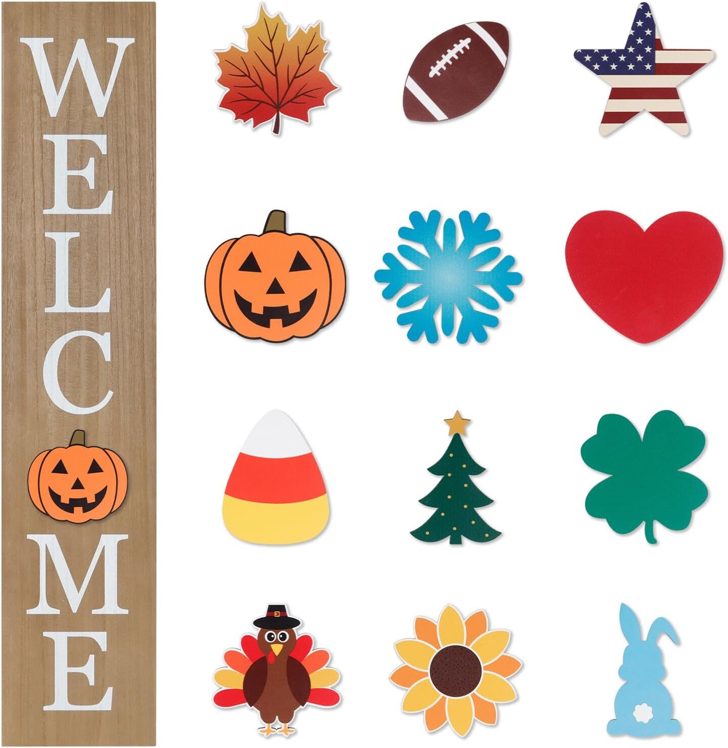 45-Inch Interchangeable Welcome Sign for Front Porch – Large Wooden Standing/Hanging Sign with 12 Replaceable Holiday Icons for 4th of July, Fall, Halloween, and Seasonal Yard Decorations