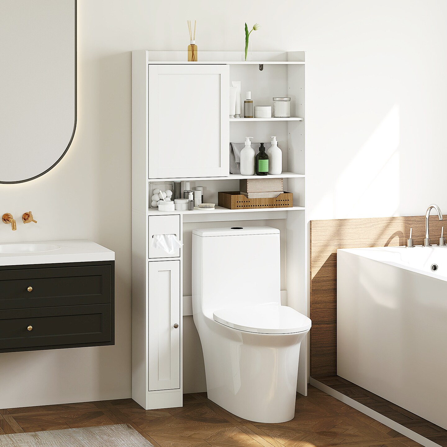 White Over-the-Toilet Storage Cabinet with Sliding Doors Adjustable Shelves Space Saver