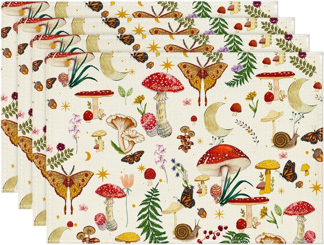Beige Modern Mushroom Placemats Set of 4(Beige/Red)