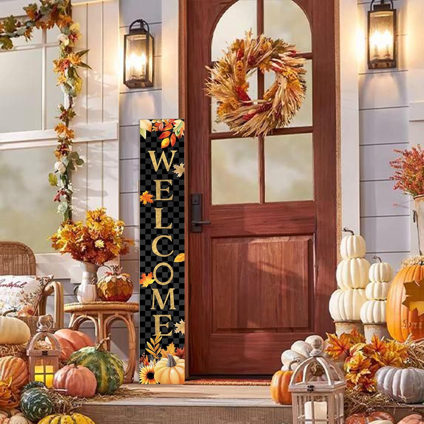 Fall Wooden Porch Sign 47&#x22; Autumn Pumpkin Maple Leaf(Black)