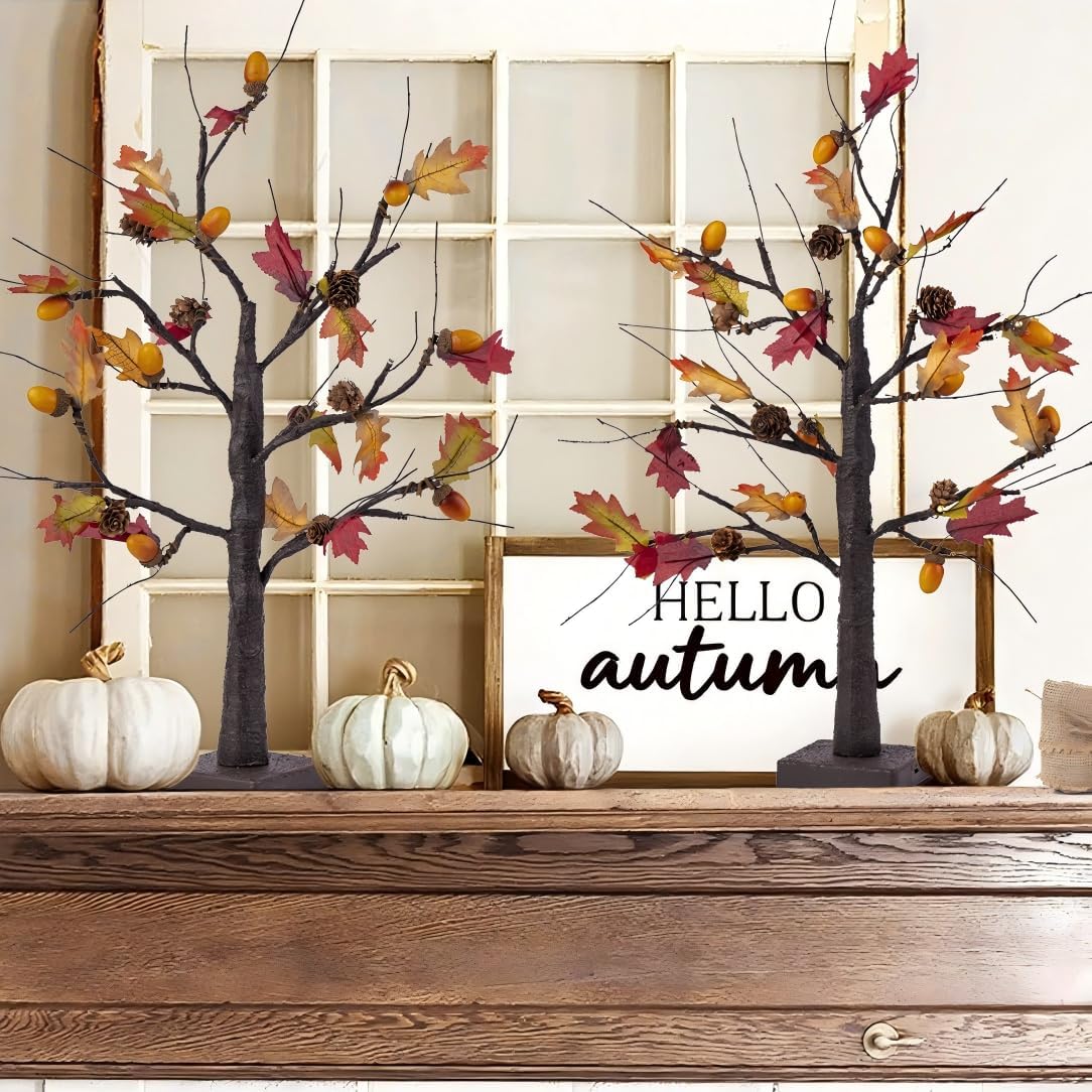 2 Pack Lighted Fall Trees Centerpiece - 24 Inch (Battery Operated)