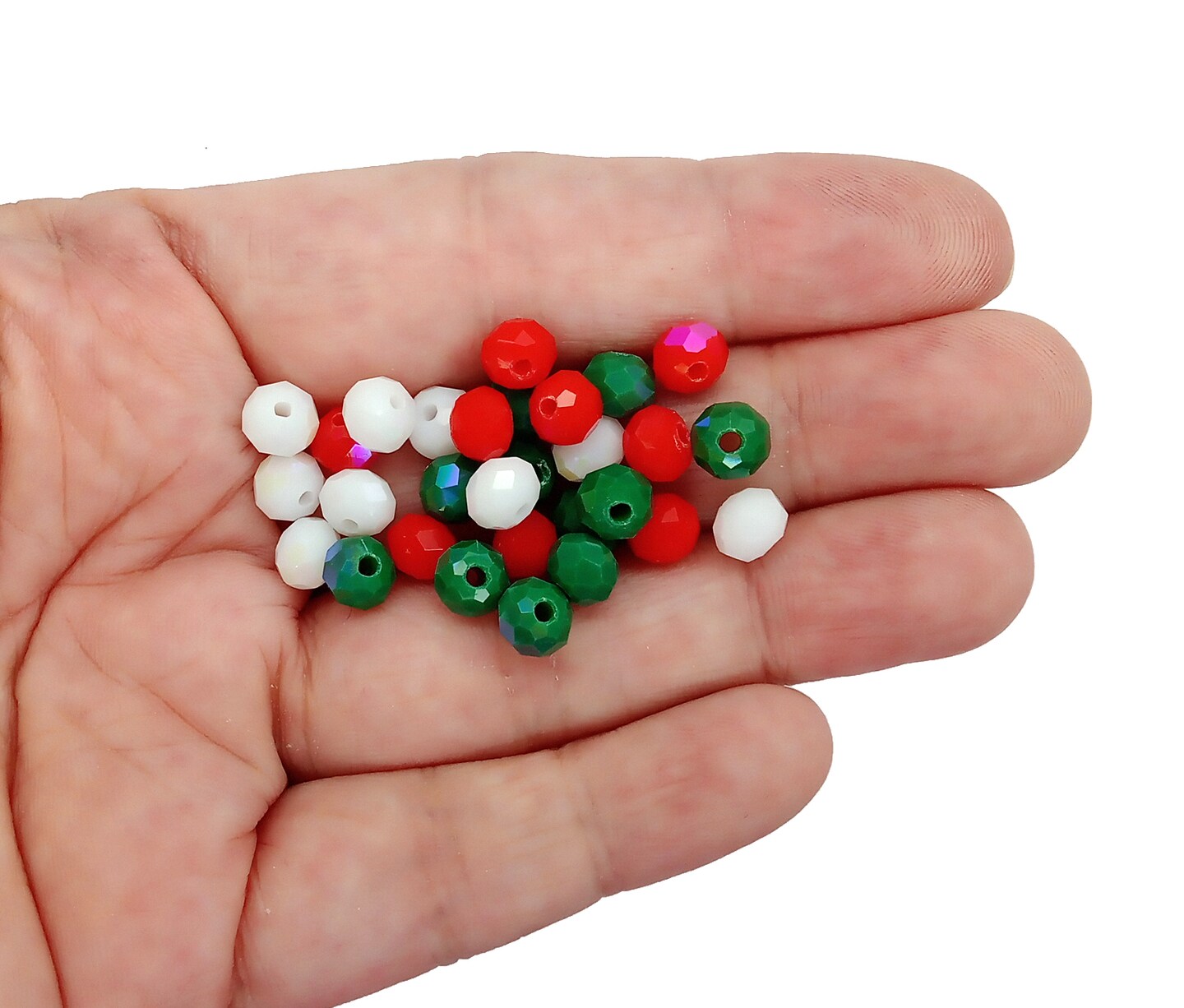 6mm Glass Beads in Christmas Colors, 3 12-in strands, Rondelles in Red Green &#x26; White, Adorabilities