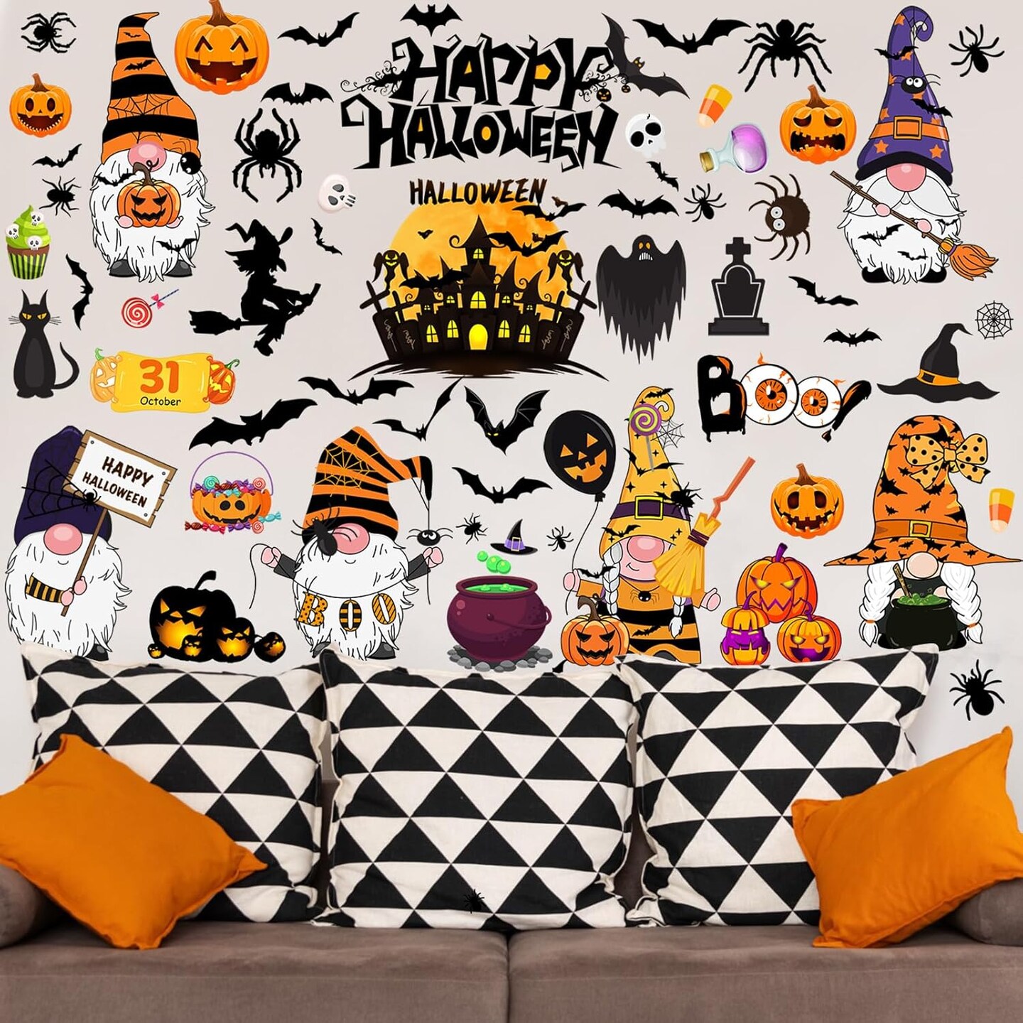 74 Pcs Halloween Gnome Wall Decals Halloween Wall Stickers (Multiple Colors)