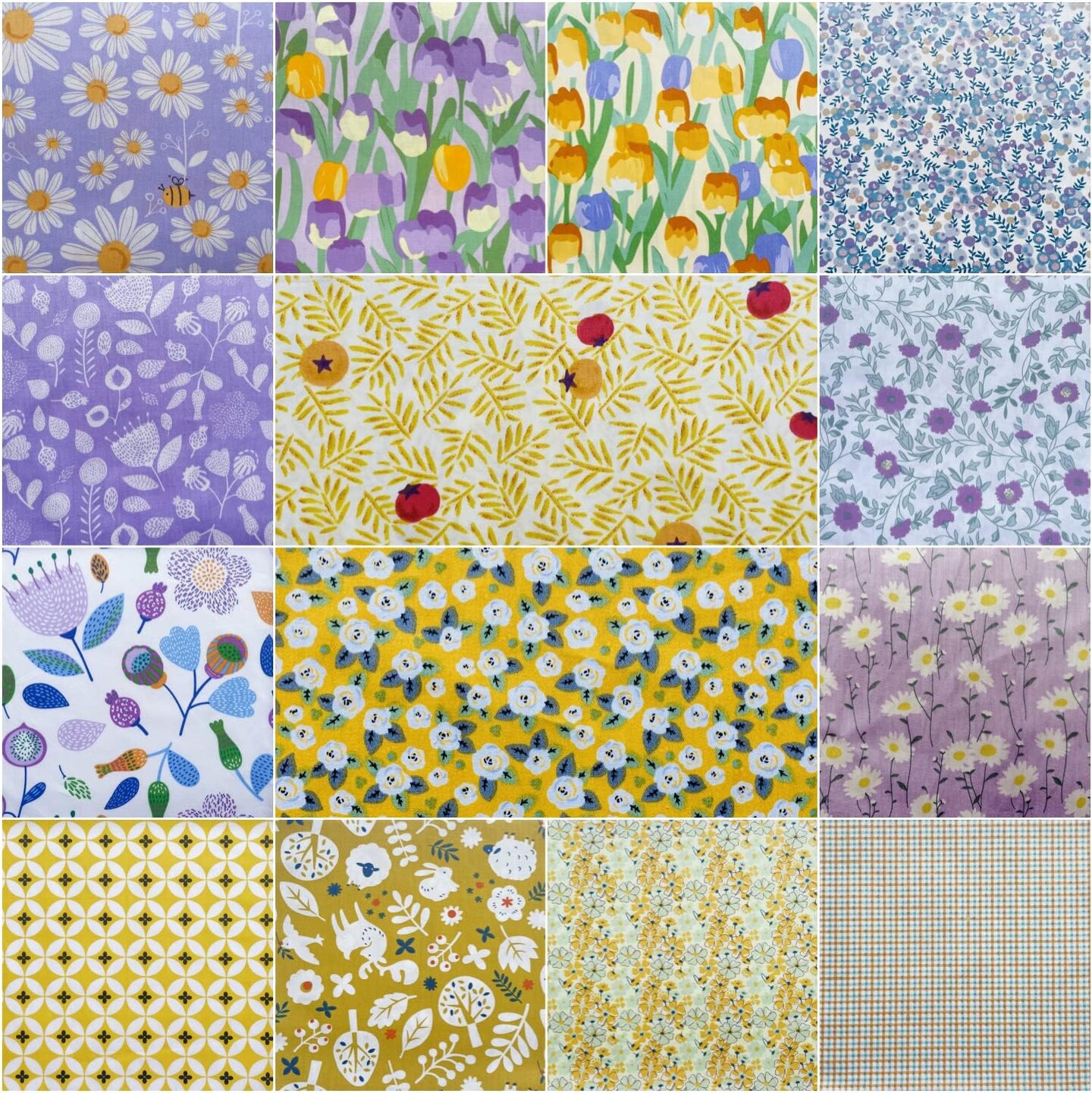 42Pcs Vintage Floral Precut Fabric Squares 10x10(Yellow Purple)