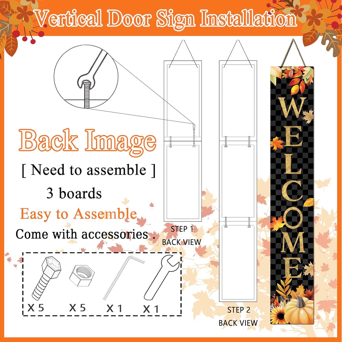 Fall Wooden Porch Sign 47&#x22; Autumn Pumpkin Maple Leaf(Black)