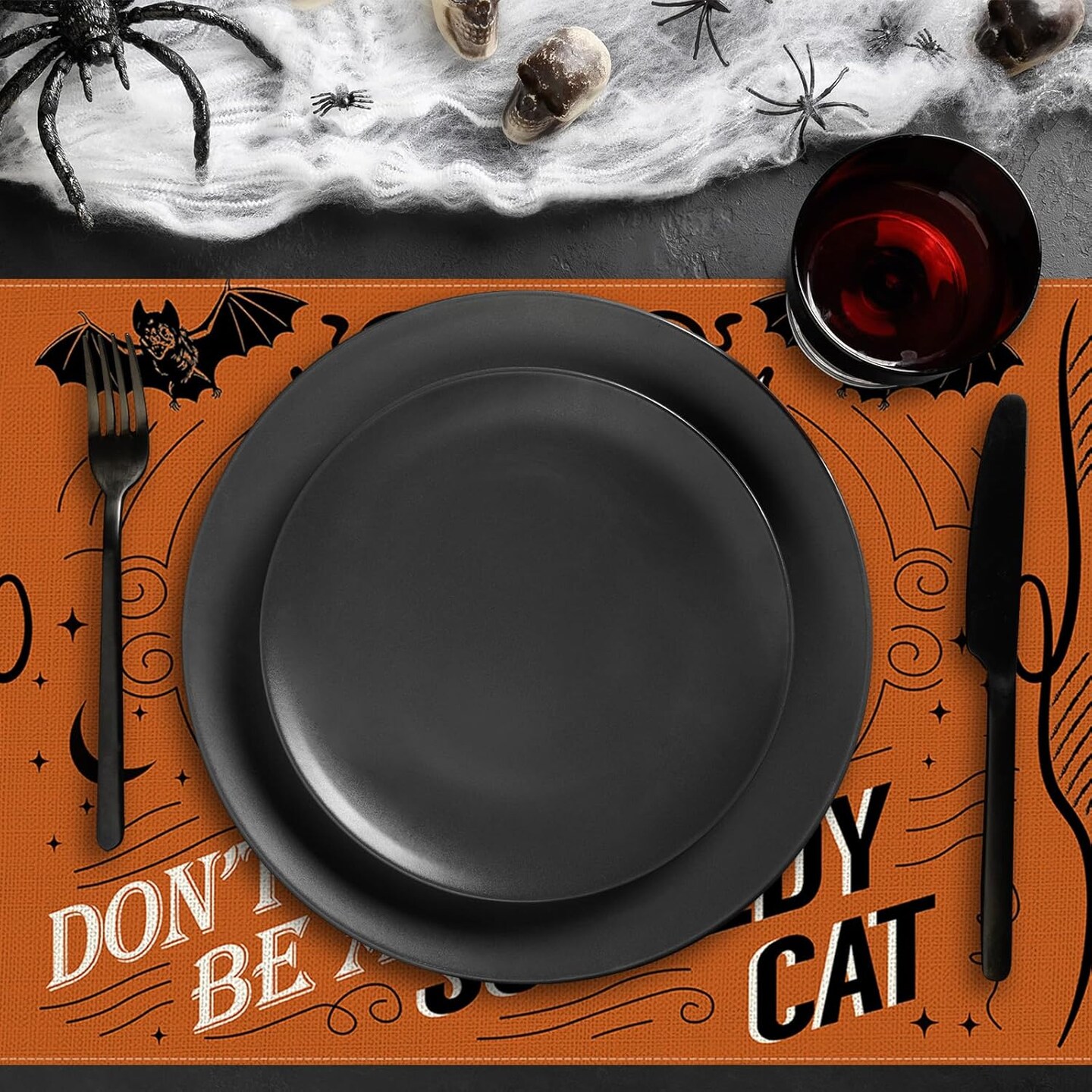 4Pcs Halloween Placemats Pumpkin Bat Black Cat Skeleton Table Mat(Colorful)