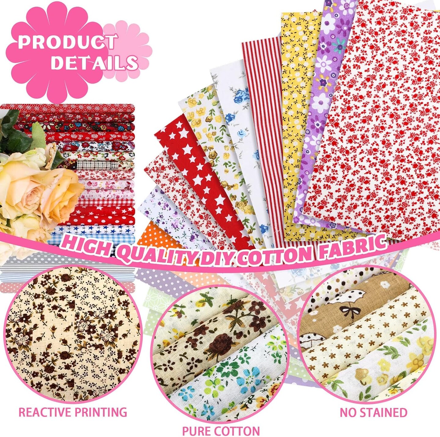 300 Pcs 10 x 10 in Cotton Fabric Square Pre Cut Patchwork Fabrics(Multi)