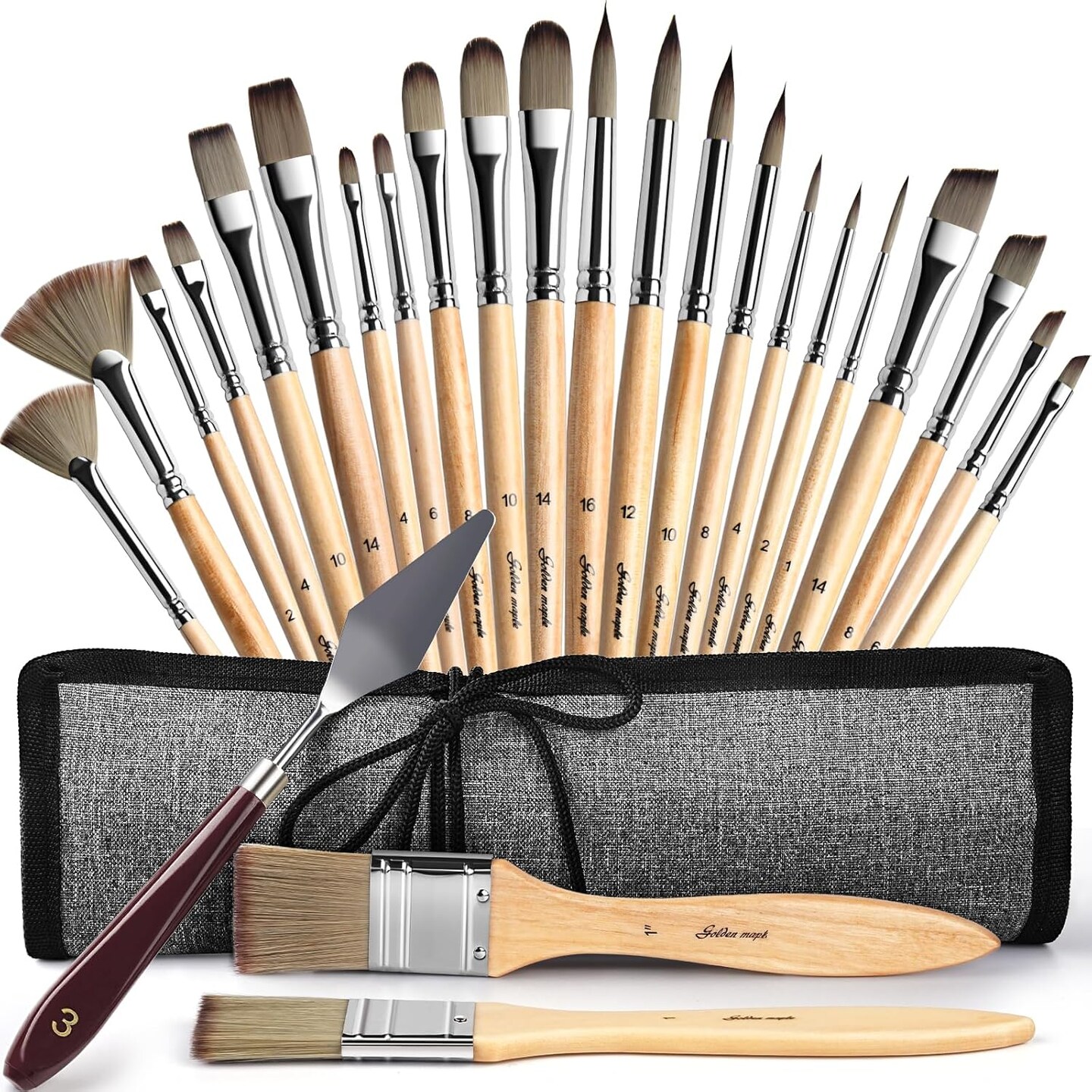 Acrylic Paint Brush Set, Golden Maple 25 PCS Paint Brushes for Acrylic Painting Oil Watercolor & Canvas,Enhanced Synthetic Brush Set with Cloth Roll and Palette Knife