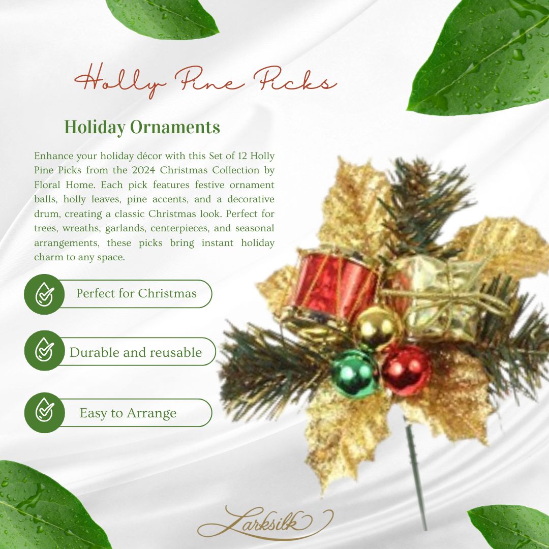 Set of 12: Holly Pine Picks with Gift Box, Ornament Balls, &#x26; Drum | Festive Holiday Decor | Trees, Wreaths, &#x26; Garlands | Christmas Picks | Home &#x26; Office Decor - 2024 Christmas Collection, Floral Home by Artificial Flowers