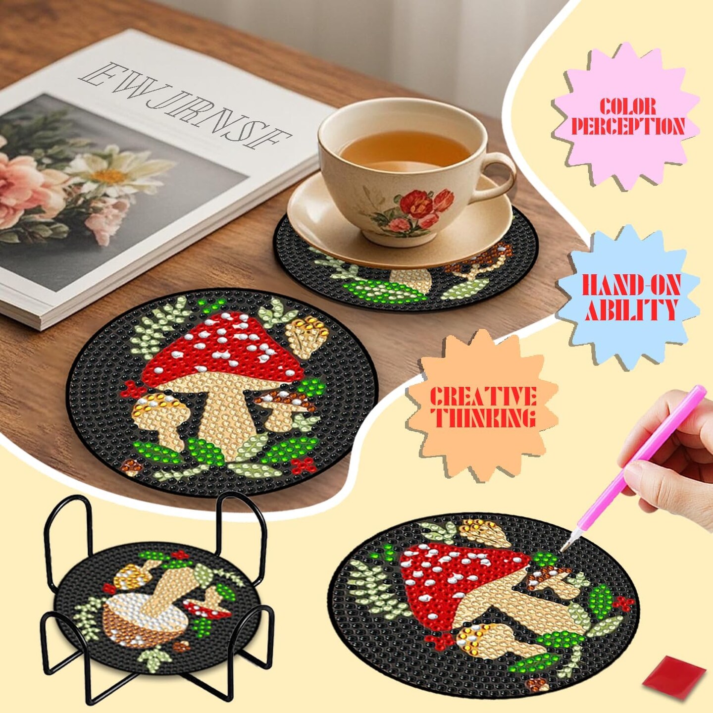 6 PCS Diamond Painting Art Coaster Set with Holder Diamond Art Coasters Small Diamond Painting Coasters Kit for Beginners Adults and Art Craft Supplies Item Mushroom Shaped.