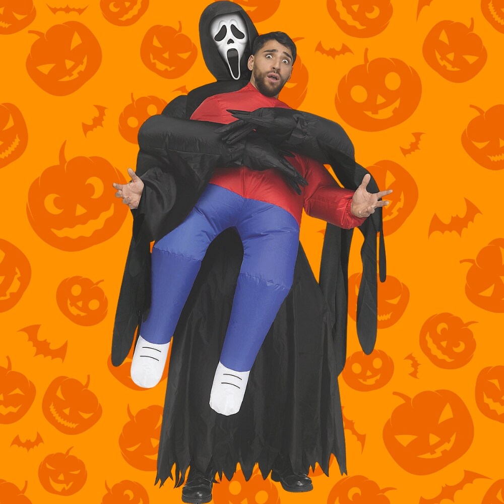 Adults Inflatable Piggyback Ghost Face Costume with Fan and Halloween Crowd
