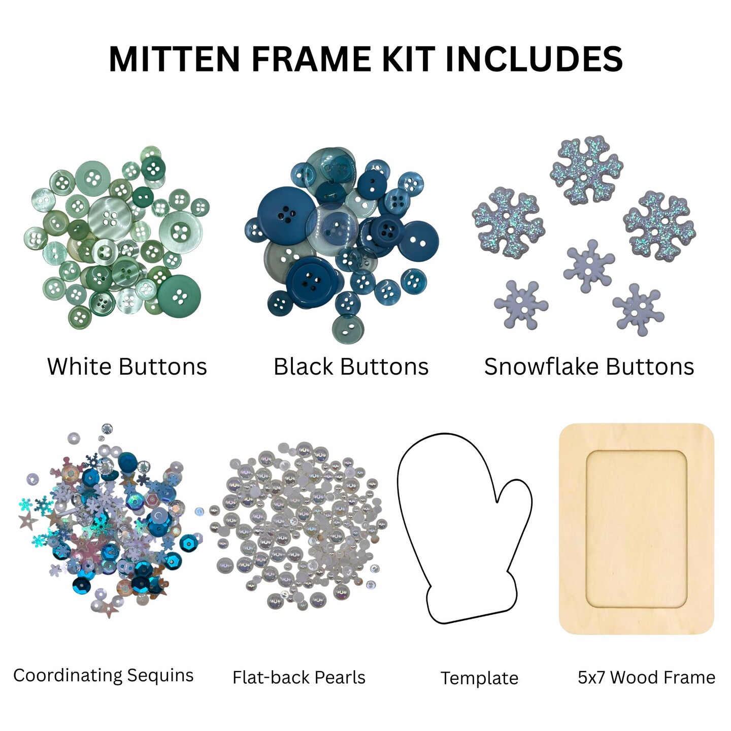Buttons Galore &#x26; More DIY Button Art Frame Kit, Winter Mitten Design with Snowflakes, Wood Frame, Turquoise and Green Buttons, Wall Decor Craft Set, Ages 6+