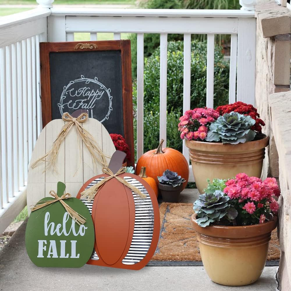3 Pack 24&#x22; Pumpkin Wood Porch Standing Decor