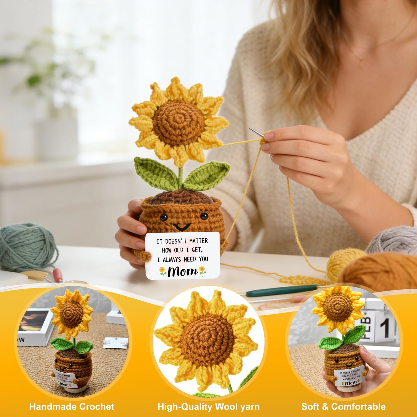 Gifts for Mom Mothers Day: from Daughter Son Kids Mini Gifts for Mom Mama Handmade Crochet Cute Small Sunflowe Doll Gift Christmas Birthday Present Idea for Mother Knitted Decor 6.69 x 2.75inch