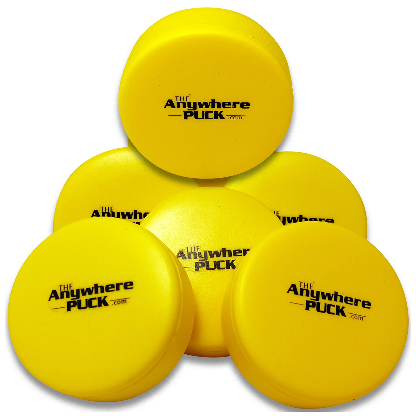 Anywhere Sports: The Anywhere Puck - 6pk Yellow Foam Hockey Training Pucks, Super Soft & Durable, Indoor Rink & Outdoor Play, Storage Bag, Kids 3+