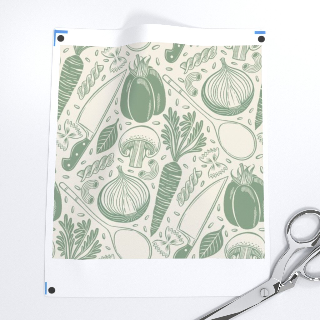 Rustic Cooking Monochrome Green Cream Onion Mushroom Carrot Pepper Pasta Custom Printed Fabric by Spoonflower Various Fabrics by the Yard or Fat Quarter 17539958