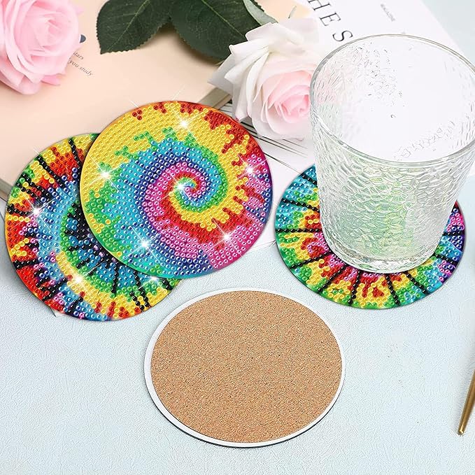 8 PCS Tie-Dye Diamond Art Coasters Kits with Holder DIY Tie-Dye Diamond Art Coaster Non Slip Coaster for Adults Diamond Art Kits Supplies for Present