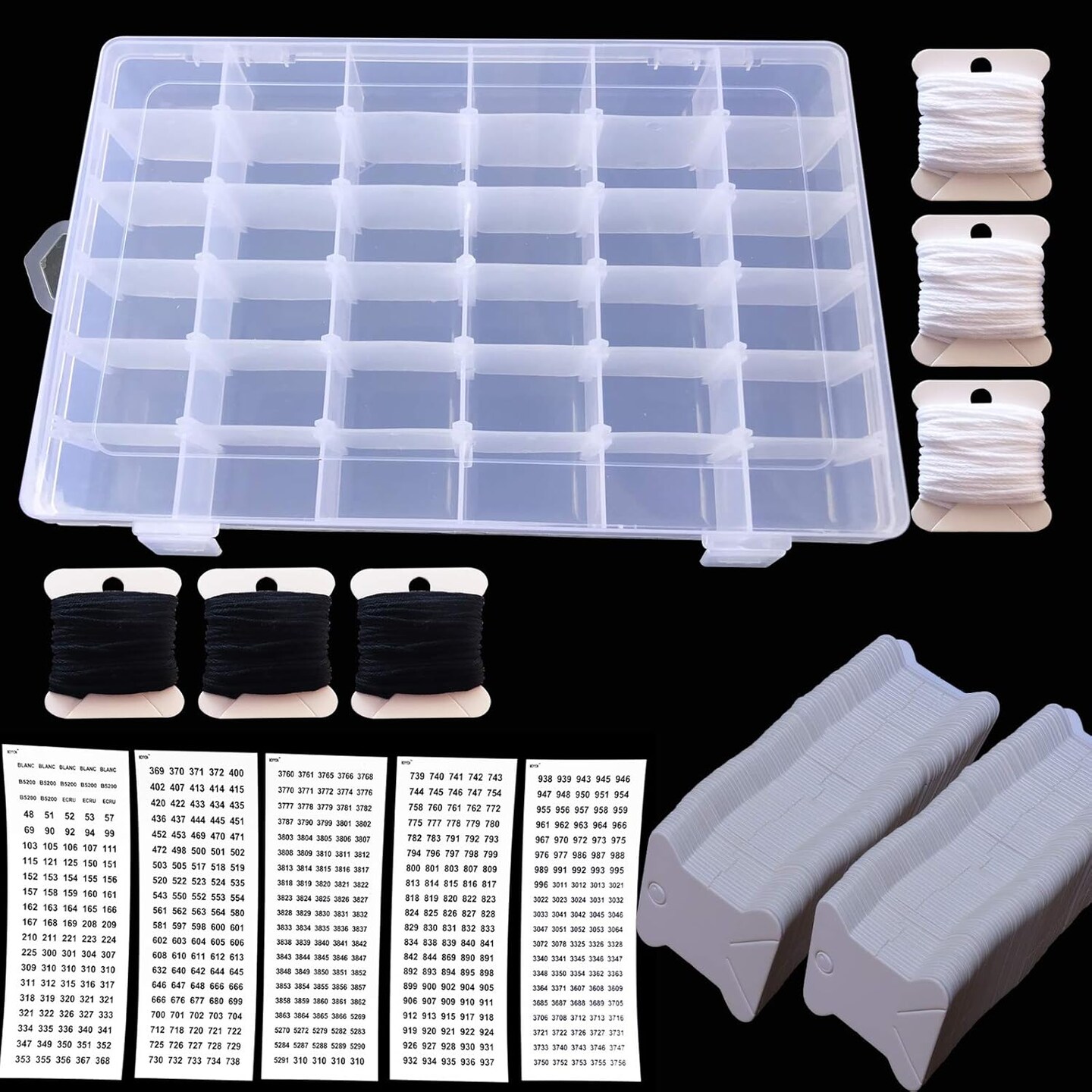 Embroidery Floss Organizer Box - 36 Compartments With 280 Bobbins, 3 White &#x26; 3 Black Floss and 500 Number Stickers