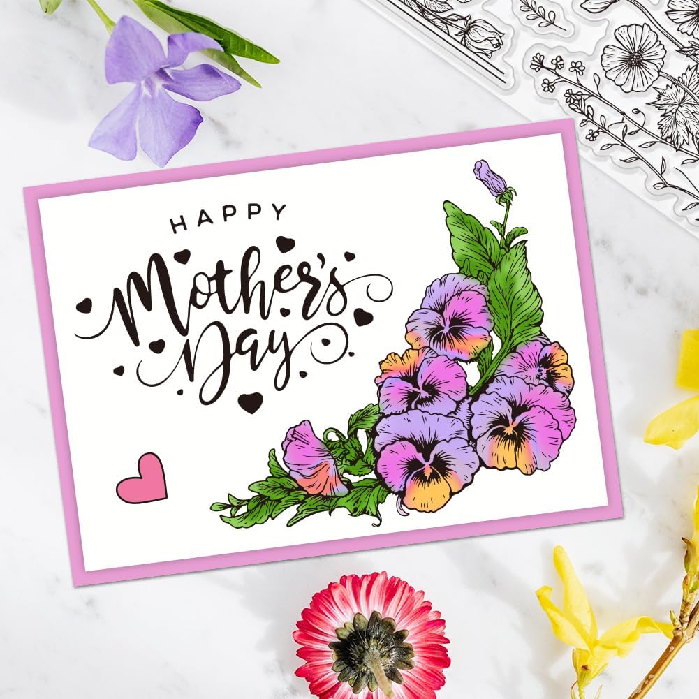 Spring Flowers Clear Stamps for Mother&#x27;s Day Card Making - Rose Silicone and Lily Rubber Floral Corner Stamp