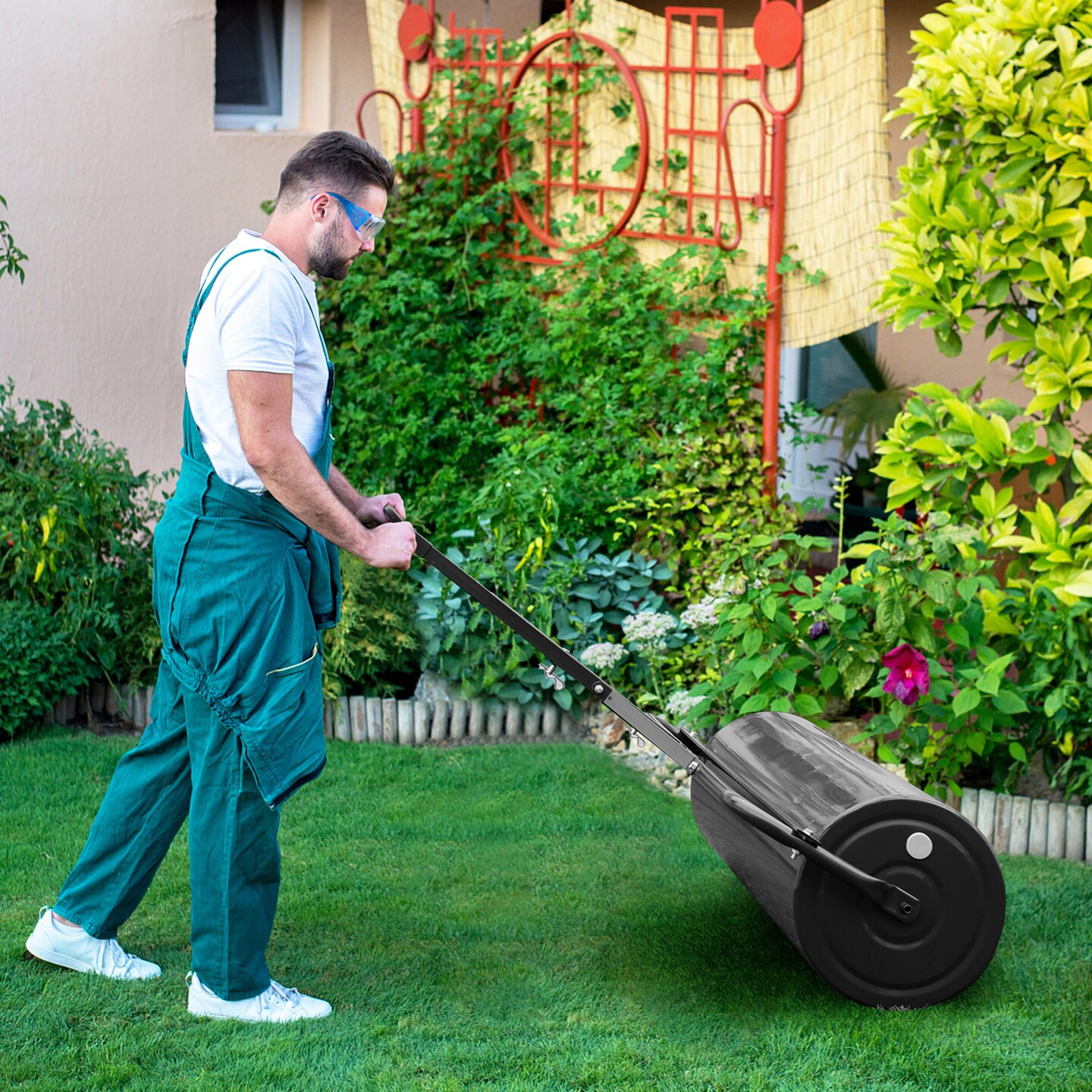 Black Heavy-Duty 30-Gallon Metal Lawn Roller with Tow-Behind Handle for Garden Lawn Care