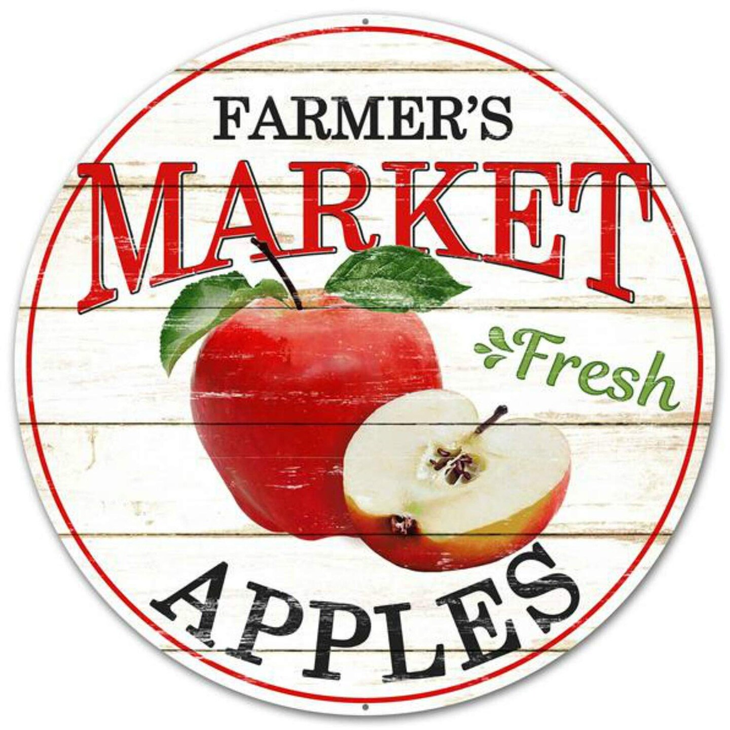 Round 12" Farm Fresh Apples Metal Sign for Wreath Accents, Centerpieces, Crafts, and Decorations (Red, White, Multi)
