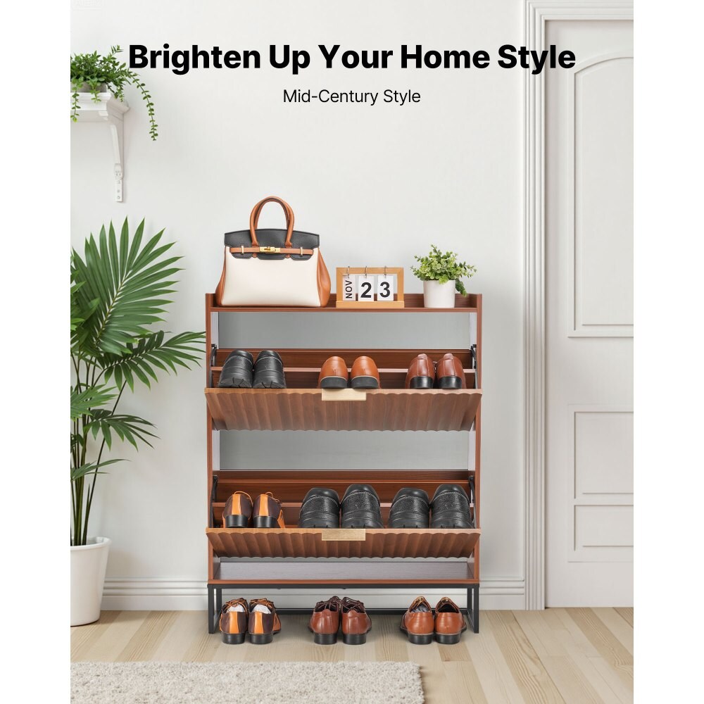 Shoe Cabinet 2 Flip Drawers Freestanding Walnut Storage Organizer