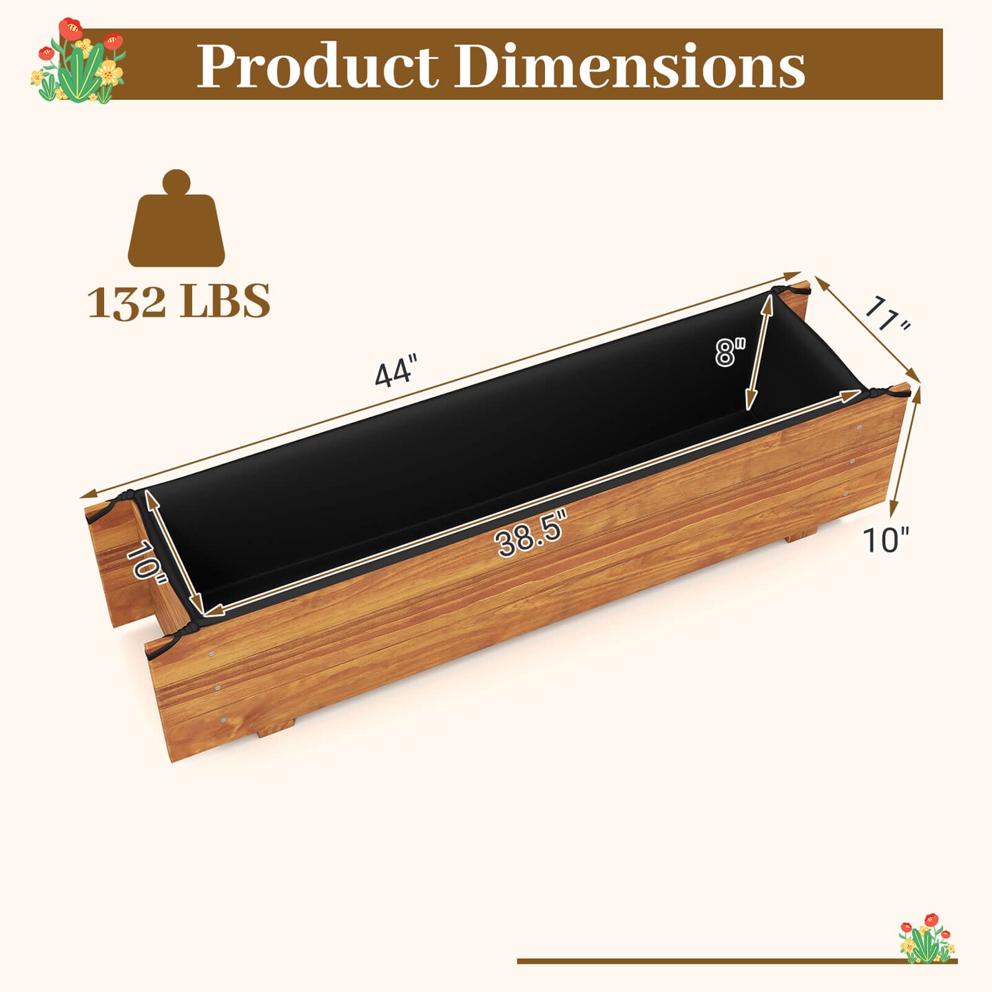 Costway Raised Garden Bed Wood Rectangular Planter Box with 2 Drainage Holes Outdoor
