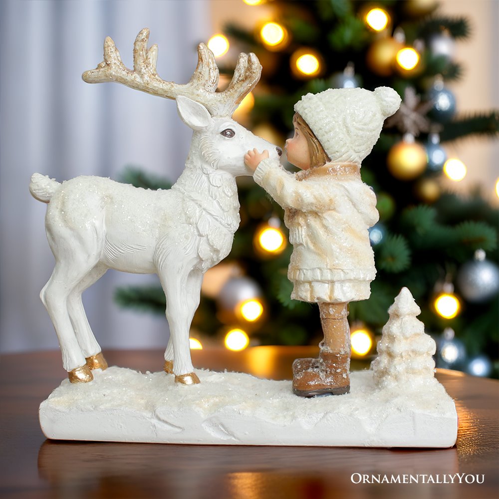 Charming Deer and Little Girl Figurine, 7.5" Vintage Christmas Garden Statue