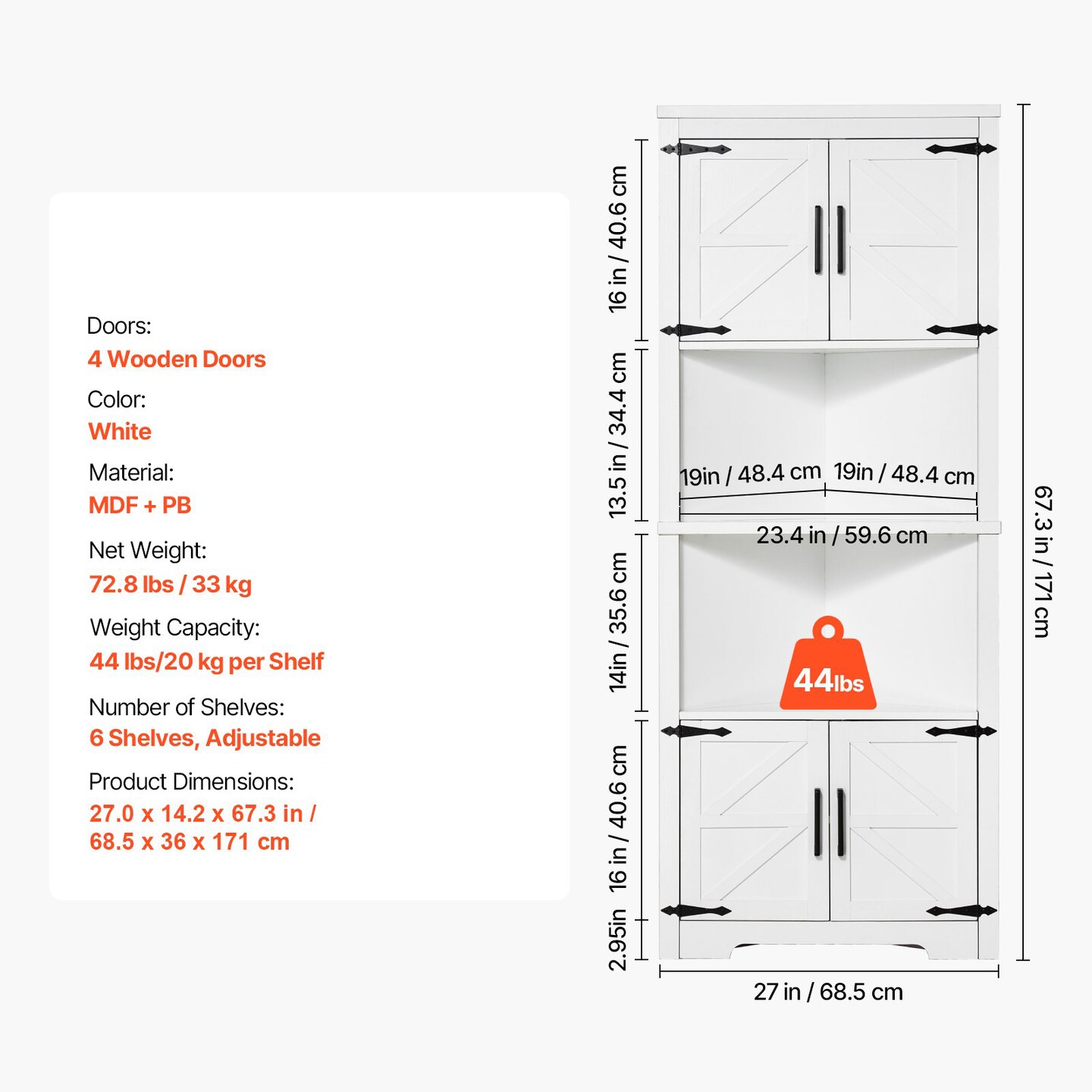 Farmhouse Corner Storage Cabinet 68 Inch 6 Tiers with Wooden Doors