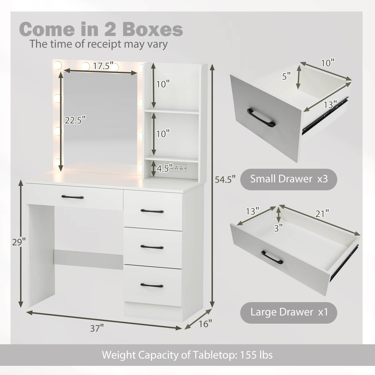 Costway Makeup Vanity Desk with Mirror and Lights Charging Station 3-Color LED Lights White/Black
