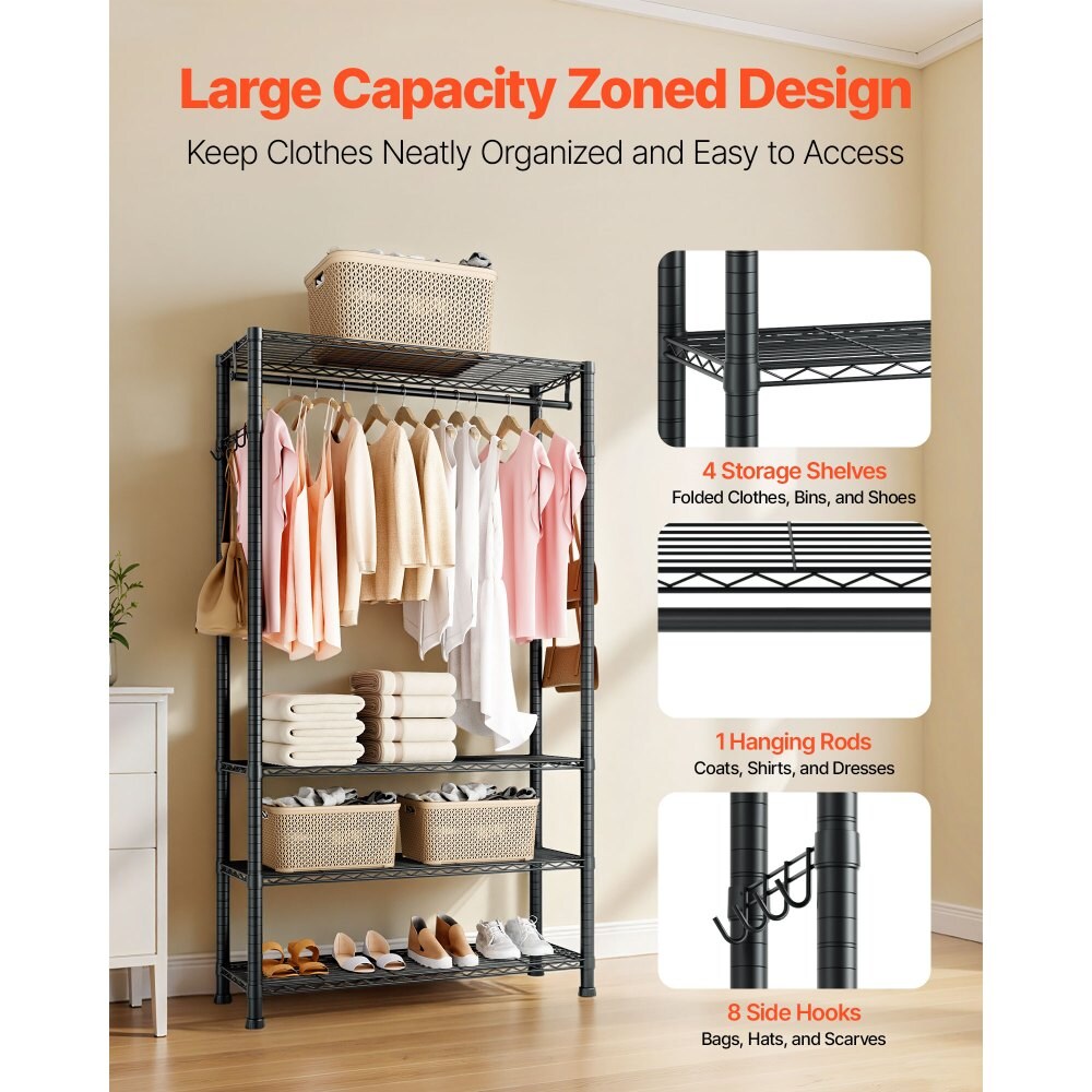 Heavy-Duty Closet Wardrobe with Hanging Rod, Shelves, and Hooks Carbon Steel, 500 lbs Capacity