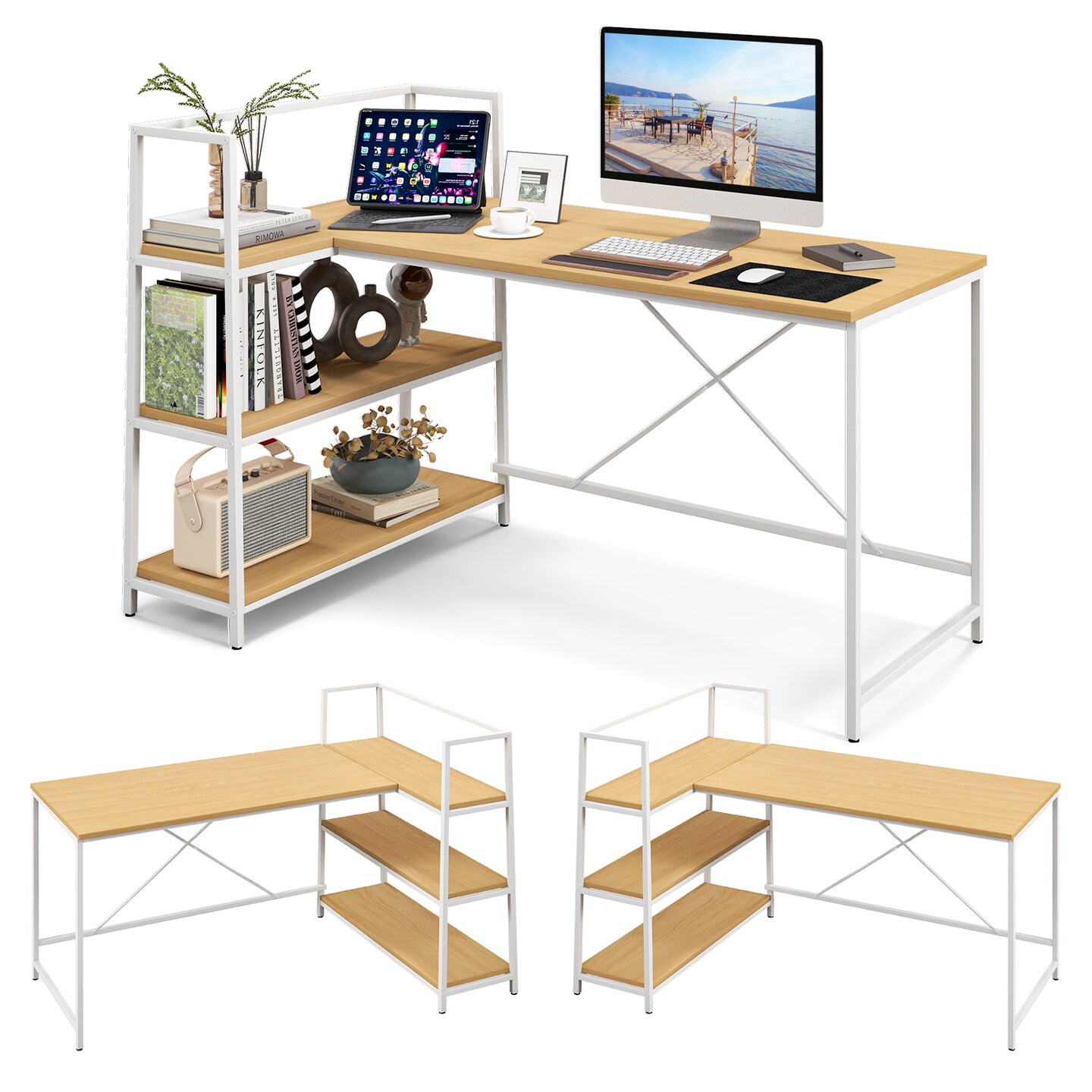 Costway Reversible L Shaped Computer Desk Corner Workstation with 3-Tier Open Shelf