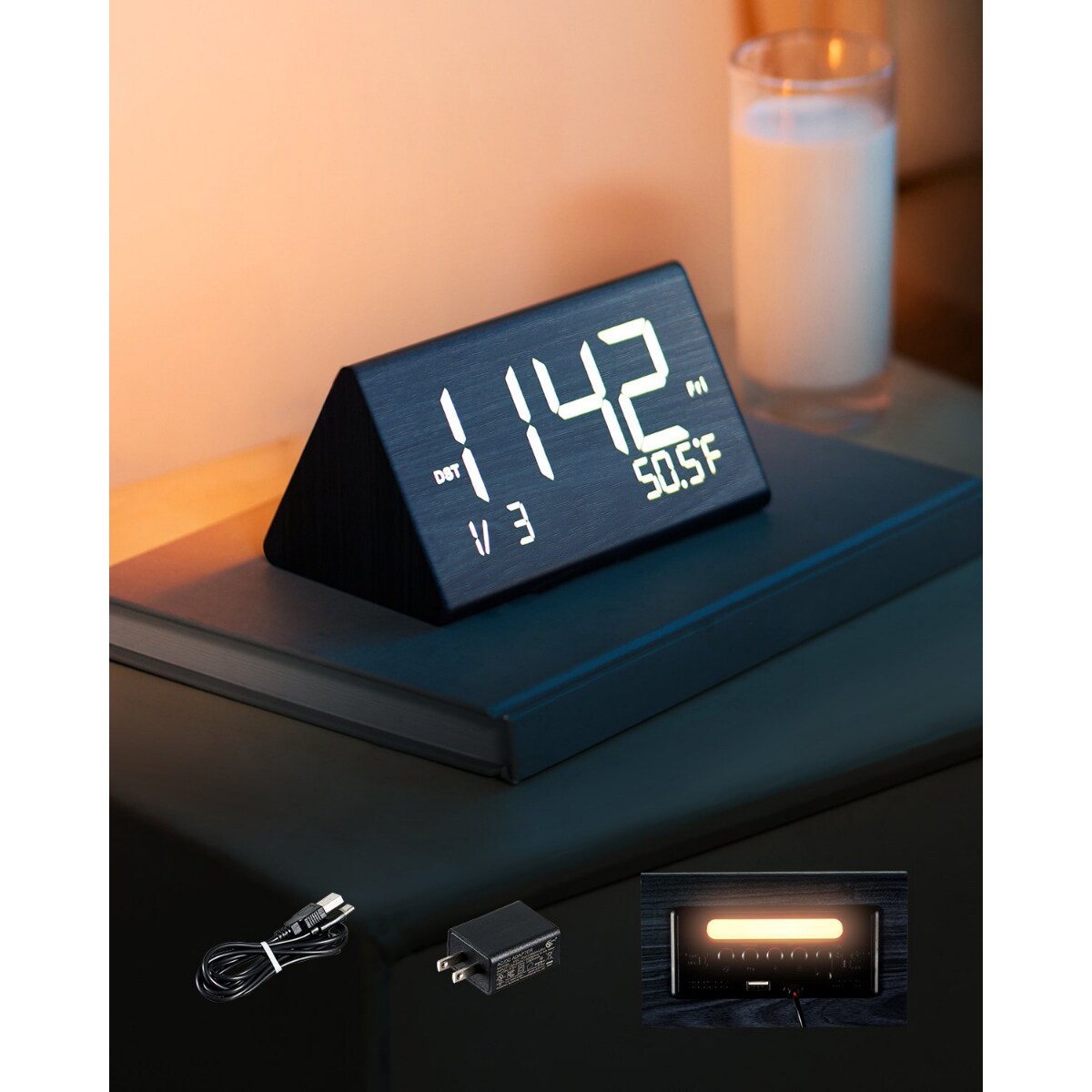 Digital Alarm Clock Wooden Desk Clock with Dual Alarm USB Port Night Light