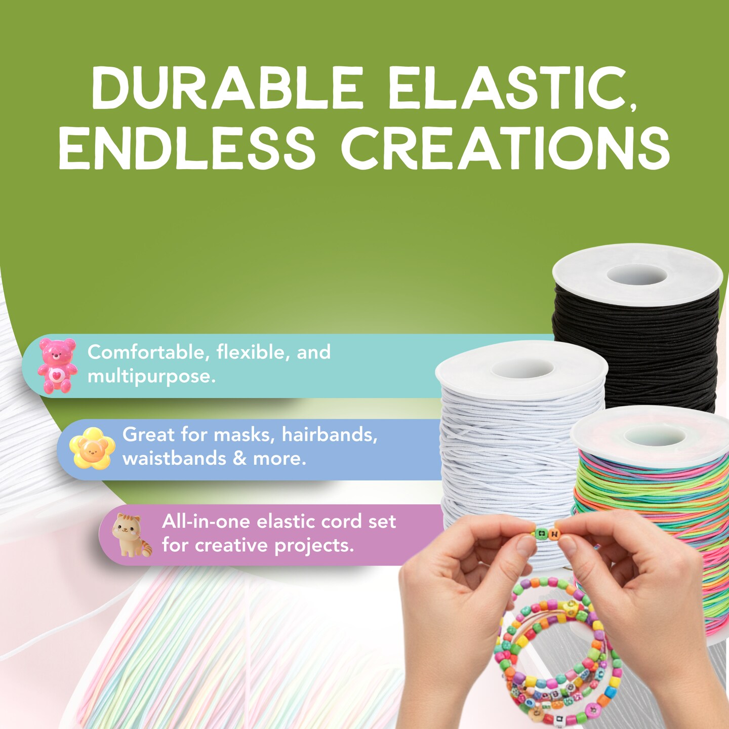 Incraftables Elastic String Cord Set of 3 Rolls (White, Black & Rainbow). Best 1mm Thick Stretchy Cording Set for DIY Bracelet, Jewelry, Necklace & Bead Making (Each Roll - 100 meters / 328 feet Long)