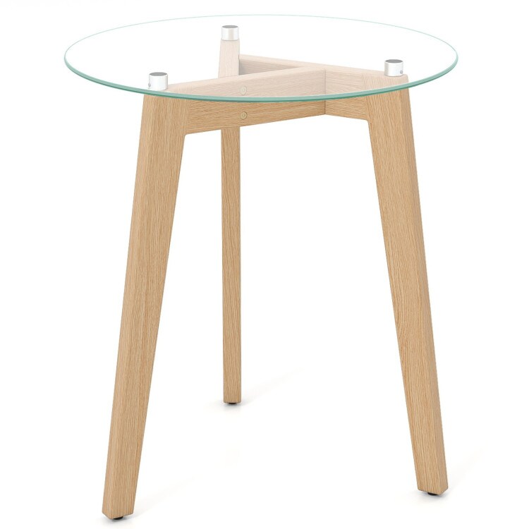 Modern Round End Table with Tempered Glass Top and Rubber Wood Frame for Living Areas