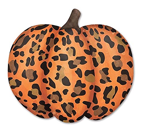 12" Leopard Print Pumpkin Sign, Embossed Metal - Orange, Black, Tan, Brown - for Wreath Accents, Centerpieces, Walls, Crafts, and Decorations - Fall, Halloween, Thanksgiving