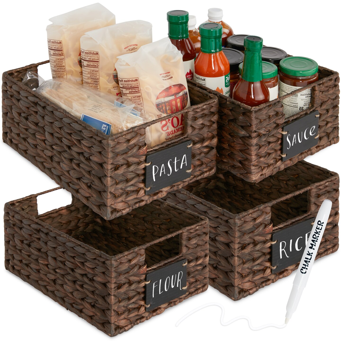 Best Choice Products Set of 4 12in Woven Water Hyacinth Pantry Baskets w/ Chalkboard Label, Chalk Marker