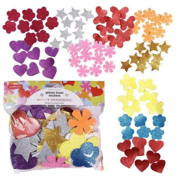 Incraftables Glitter Foam Stickers for Kids Self Adhesive 100pcs. Assorted Foam Flower Stickers, Heart Stickers, Star Glitter Stickers & Butterfly Sparkly Stickers for Arts & Crafts for Kids & Adults
