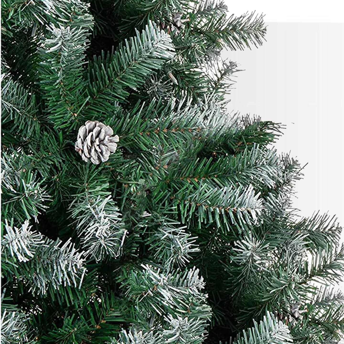 Frosted Oregon Fir Christmas Tree with Snow Dusted Pine Cones and Metal Stand