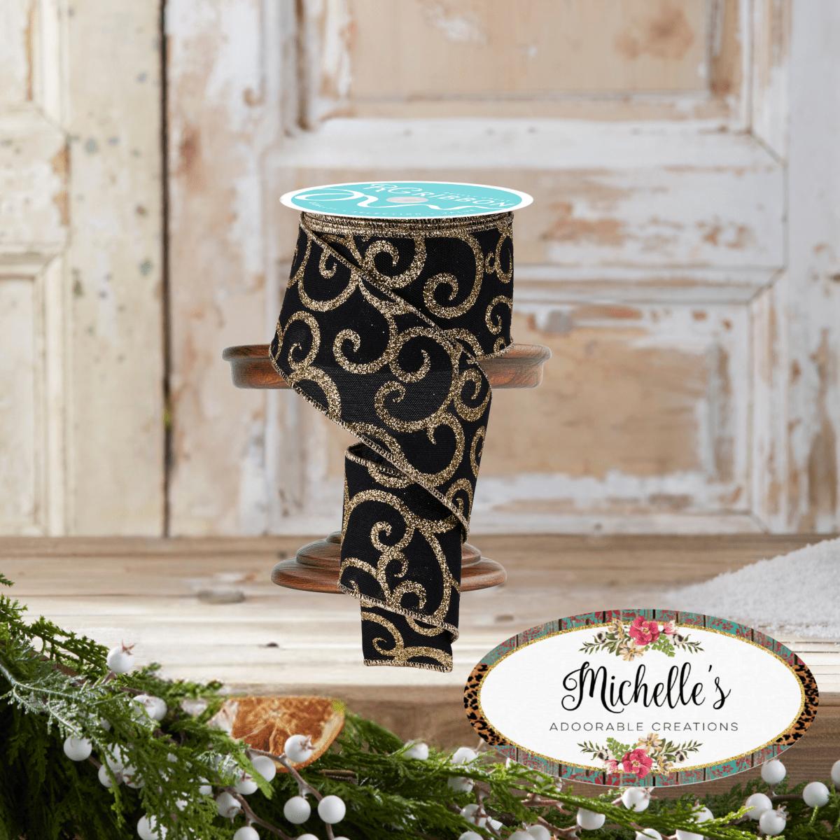2.5&#x22; Glitter Swirl Ribbon: Black/Gold (10 Yards)