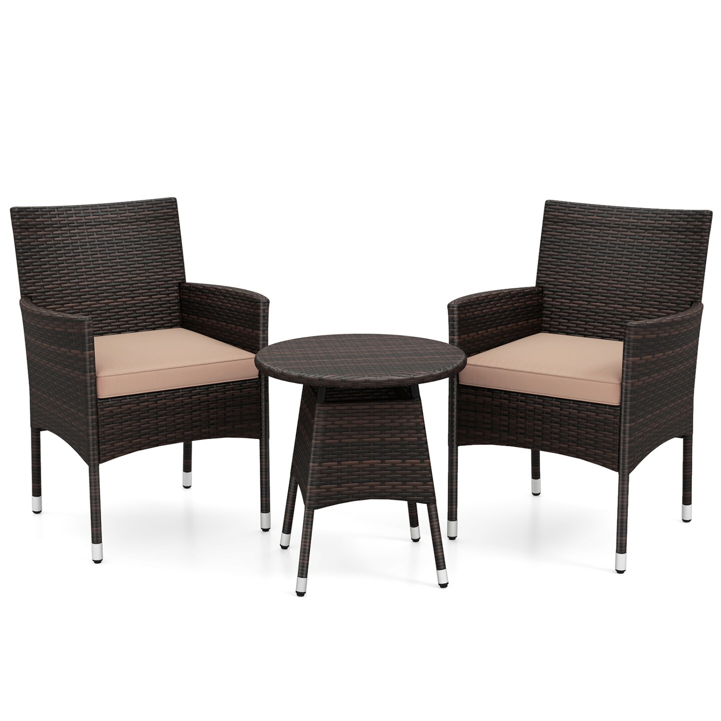 3 Piece Patio Bistro Set Outdoor Rattan Furniture Set with 2 Chairs Cushions and Round Coffee Table for Balcony Porch Garden