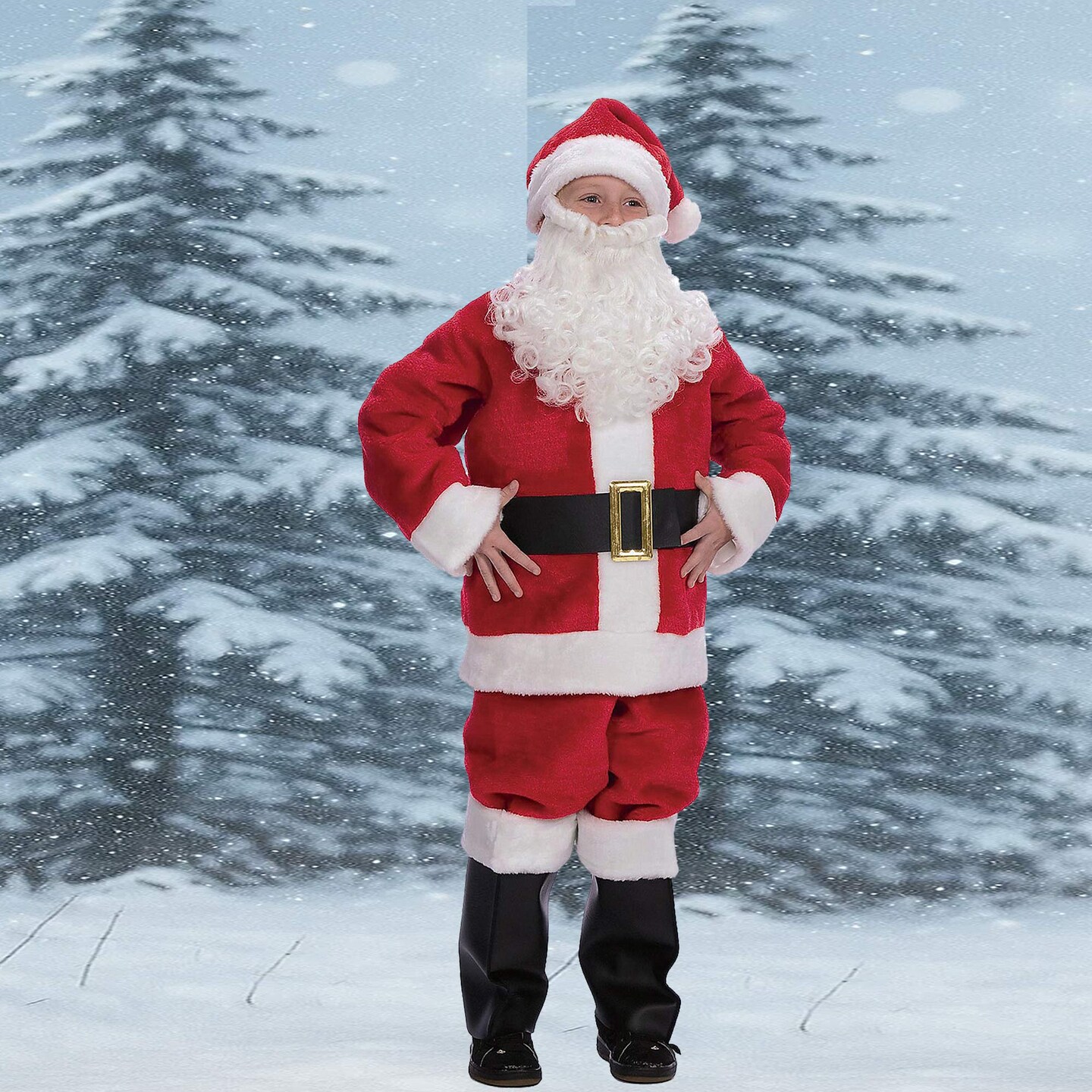 Childs Plush Santa Suit Red and White Costume with Beard Hat and Boot Tops