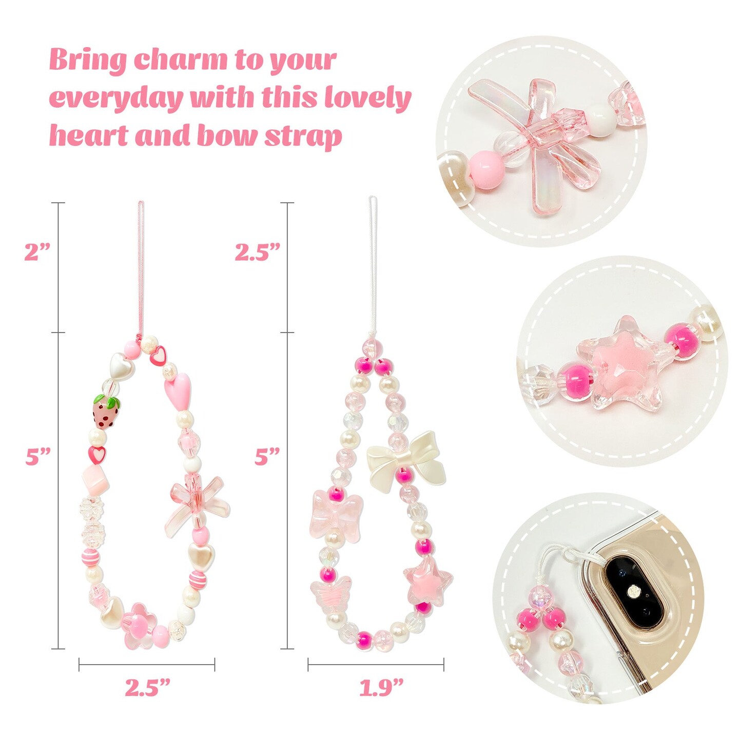 Wrapables Charms and Beads Cell Phone Wrist Strap, Keychain, Bag Charm (Set of 2), Bows and Hearts
